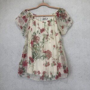 Luisa Ricci Blouse Womens Small White Floral Silk Flutter Sleeve Made In Italy